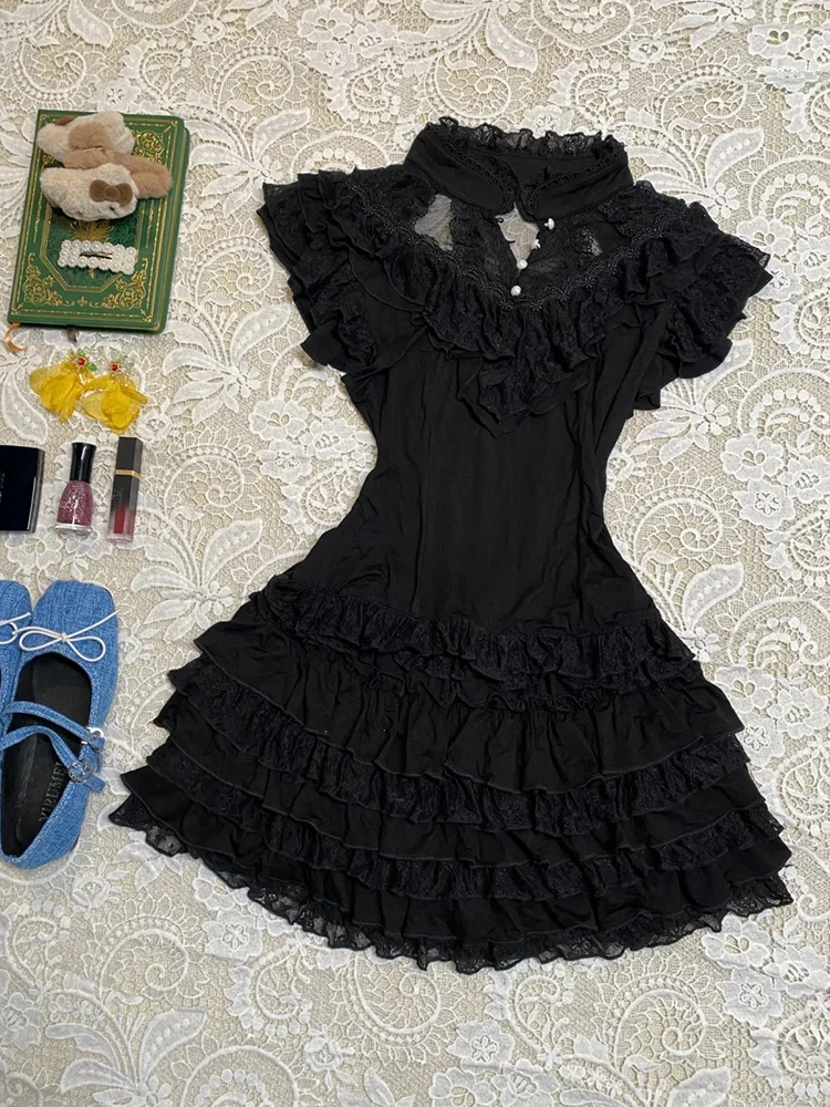 Camisa de manga corta de retazos de encaje negro Vintage para mujer + faldas de pastel fruncidas de cintura delgada de verano 2025, nuevos conjuntos de dos piezas