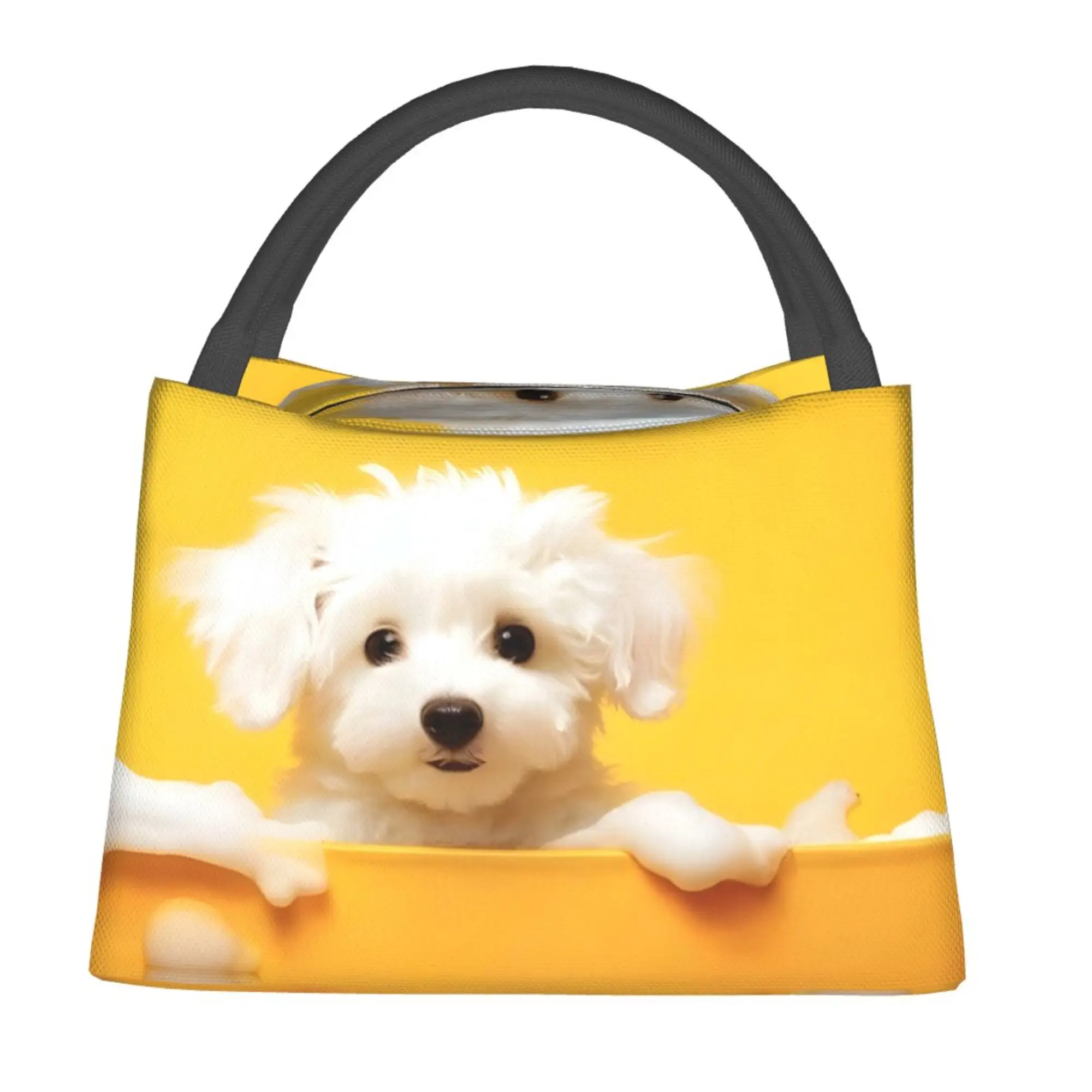 1 White Puppy Print Insulated Lunch Bag with Yellow Background - Reusable Insulated Picnic Bag, Tote Bag with Zipper