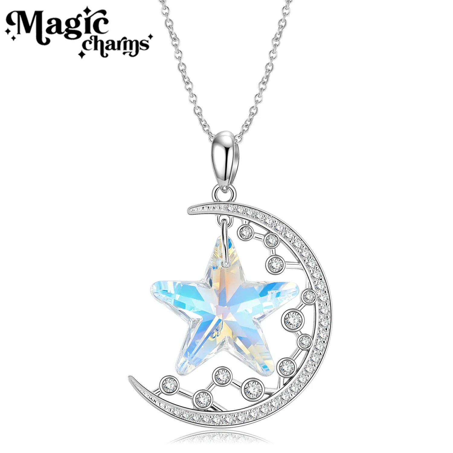 Fresh and sweet fairy style sterling silver necklace Pentagram moon pendant chain girls clavicle chain