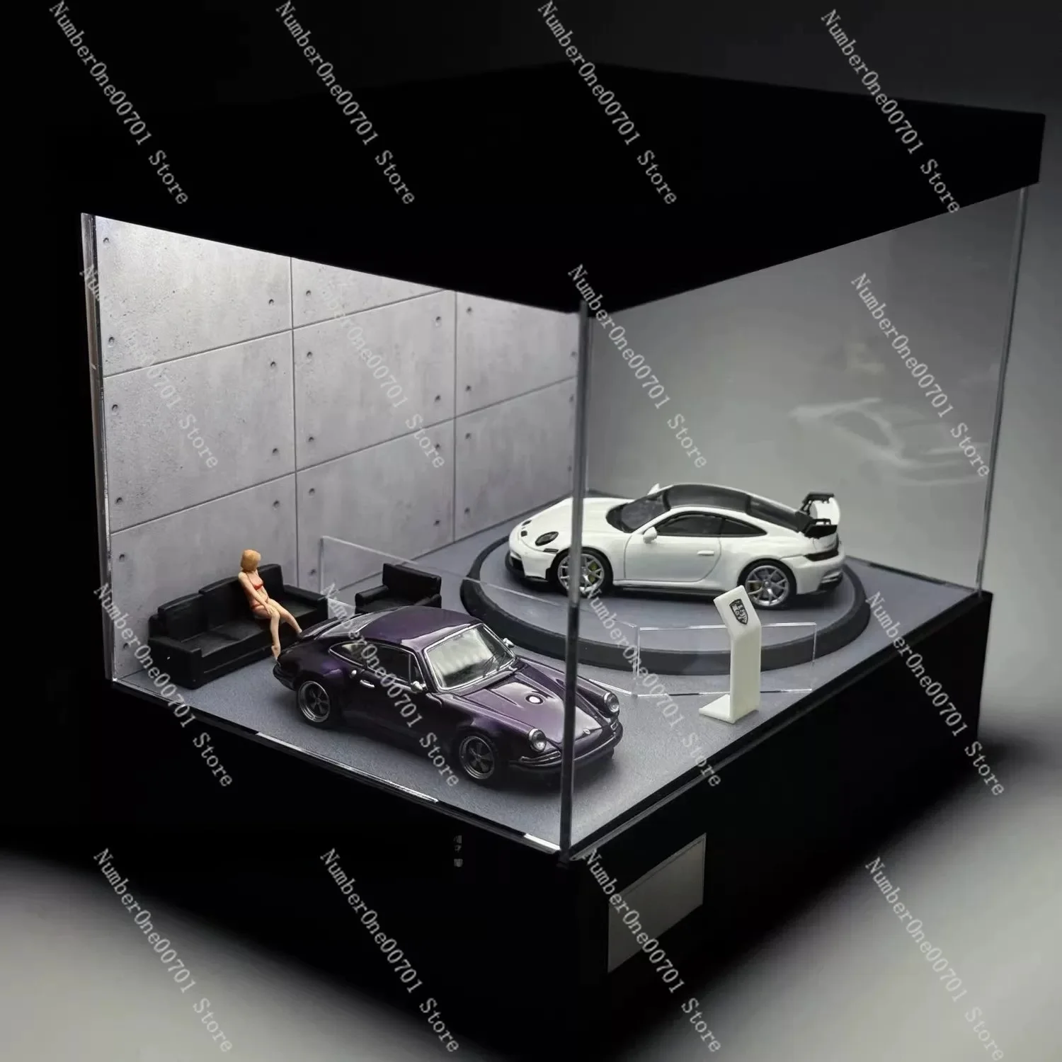 1/64 Scale Rotating Parking Garage Display Case, Desktop Model Car Showcase with Turntable,Diorama Exhibition Box for Collectors