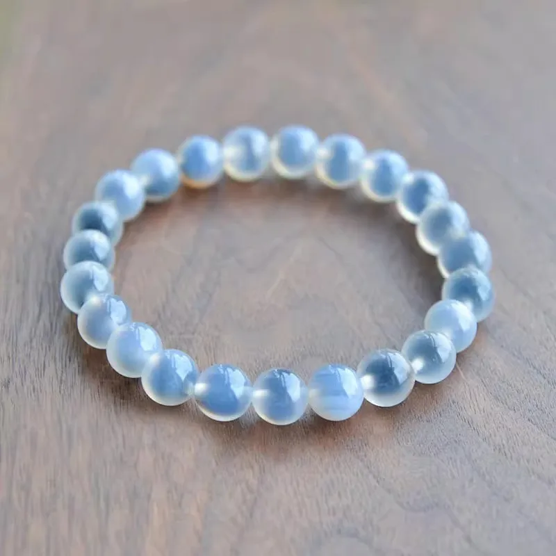 Natural Blue Jelly Agate Bracelet for Women Summer Minimalist Plain Circle Jade Style Beaded Bracelet Gifts