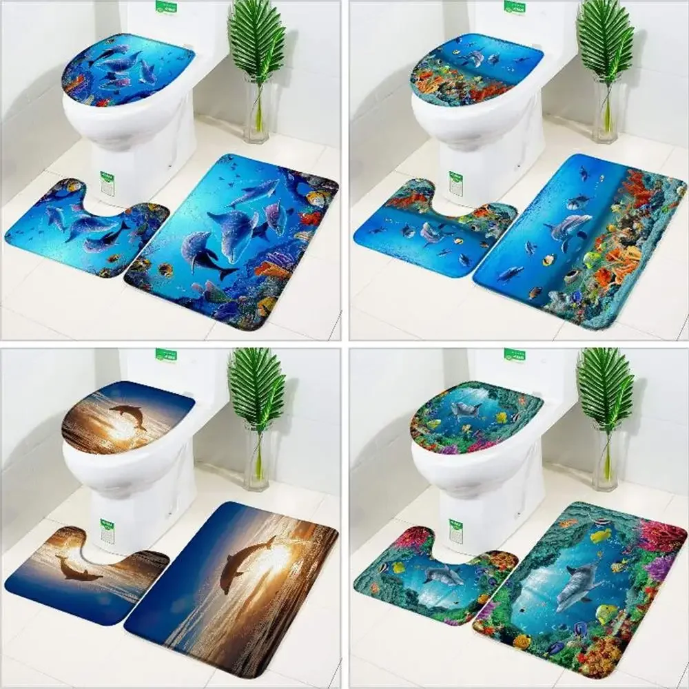 

Забавный набор ковриков для ванной с дельфином, морская черепаха, рыба, животное, подводный пейзаж, детский декор для ванной комнаты, нескользящий коврик, коврики на крышку унитаза