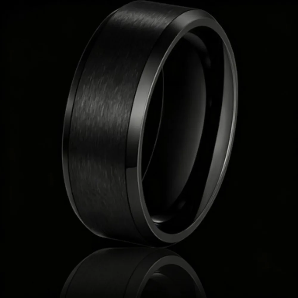 Men's 8mm Black Titanium Wedding Band Rings Double Black Groove Beveled Edge Stainless Steel Engagement Ring for Men