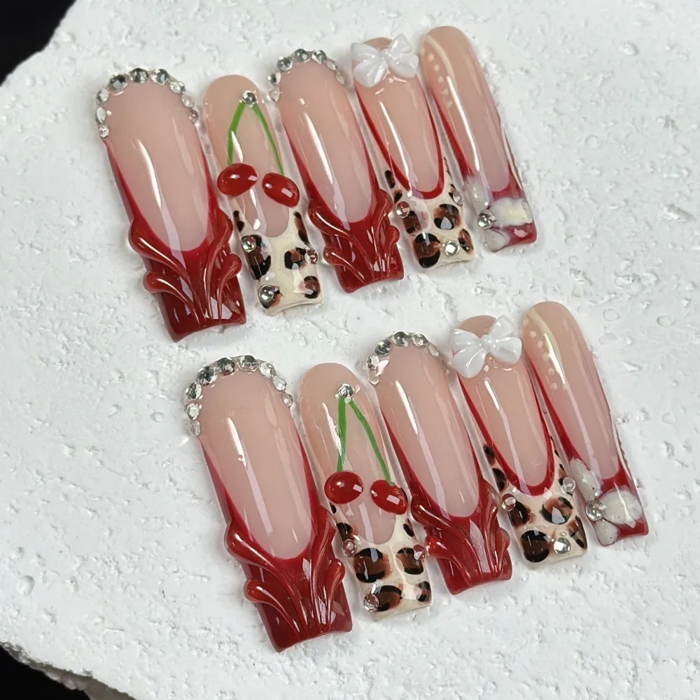 

10PCS. Pure Handmade Square Leopard Print French Cherry. Charming Fake Nails Charm Nail Art Party Sisters Girlfriend