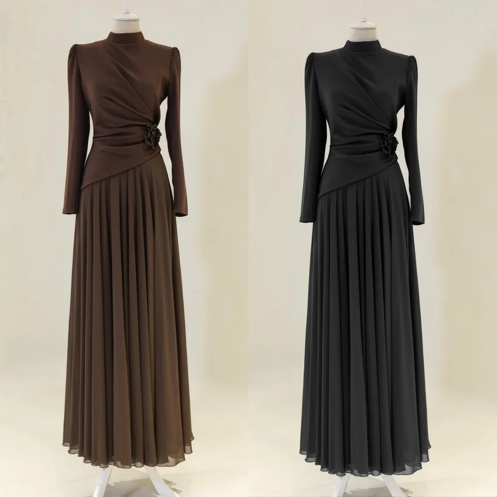 Customized Exquisite Chiffon Pattern Pleat Flower A-line High Collar Long Dresses Bespoke Occasion Cocktail Sizes Available
