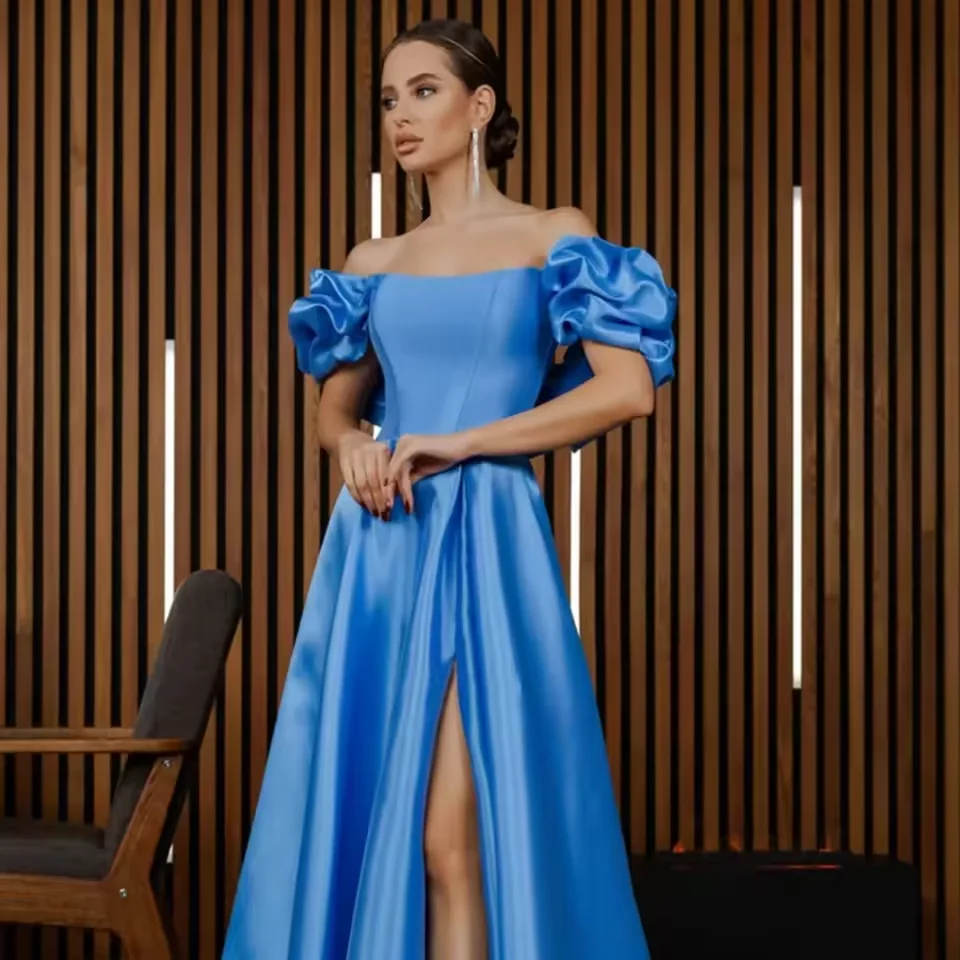 

Customized Blue Satin Prom Dress Off Shoulder Sleeves A-line Long Wedding Party Dress Side Split Formal Evening Dresses