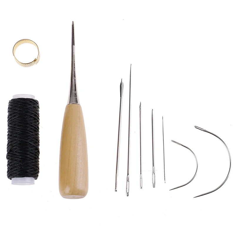 New 1Set Leather Sewing Needles Stitching Awl Needle Thread Thimble Shoe Repair Tool