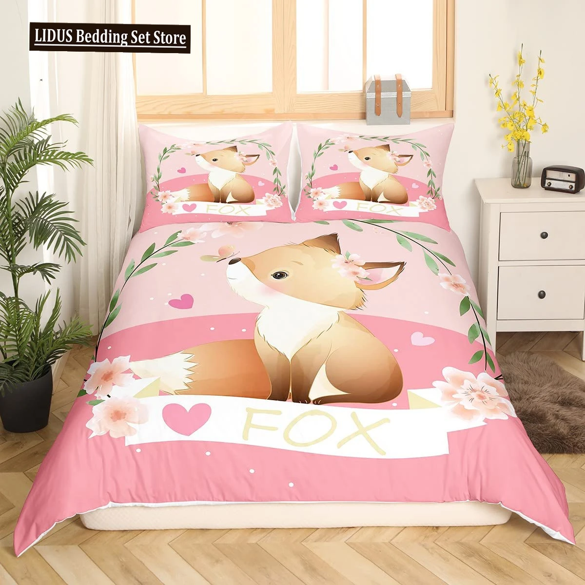 

Girls Cartoon Fox Duvet Cover Set Cute Fox Bedding Set Kawaii Animals Comforter Cover Botanical Floral Bedspread Cover Full Size