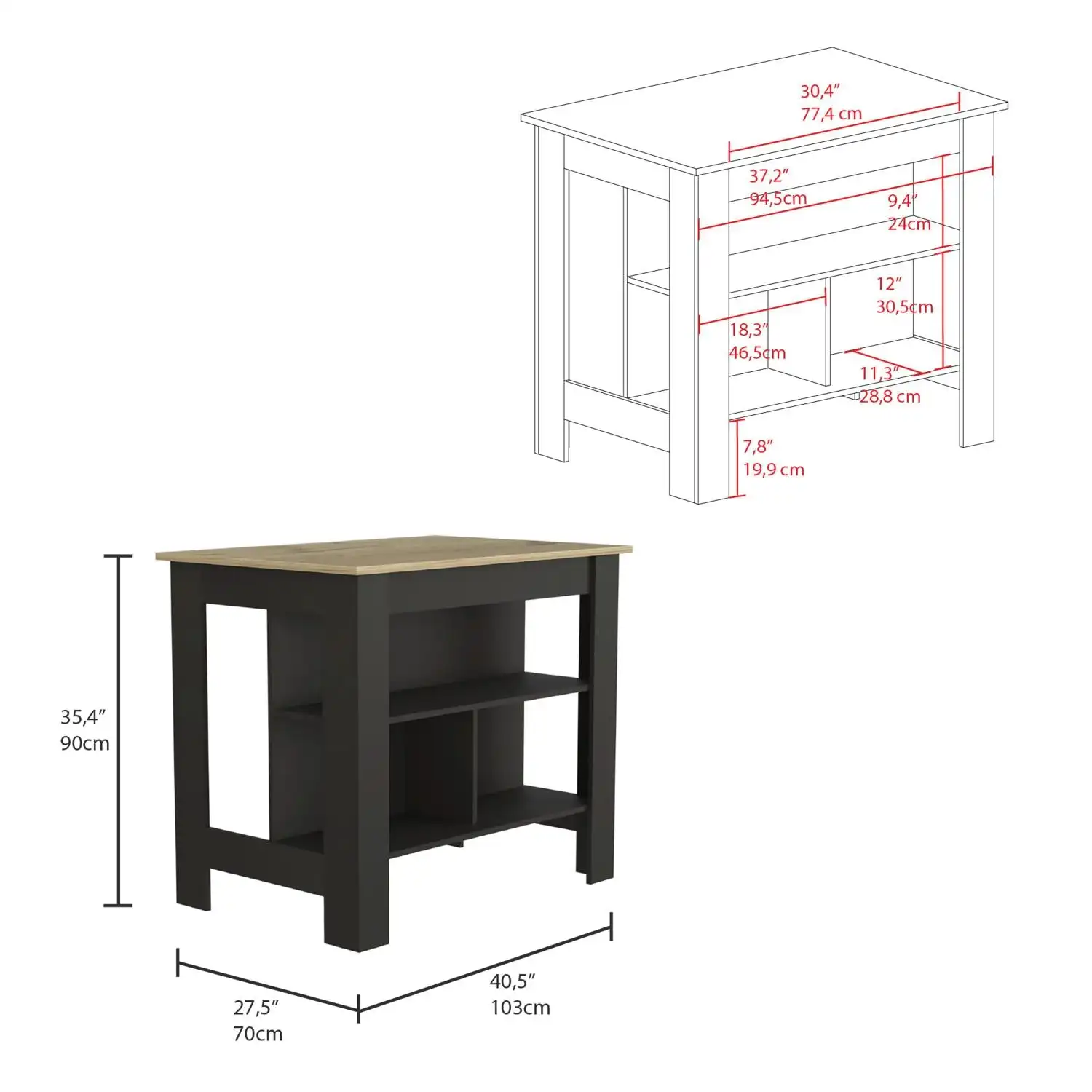 Cala Kitchen Island, Four Legs, Three Shelves  Black / Light Oak