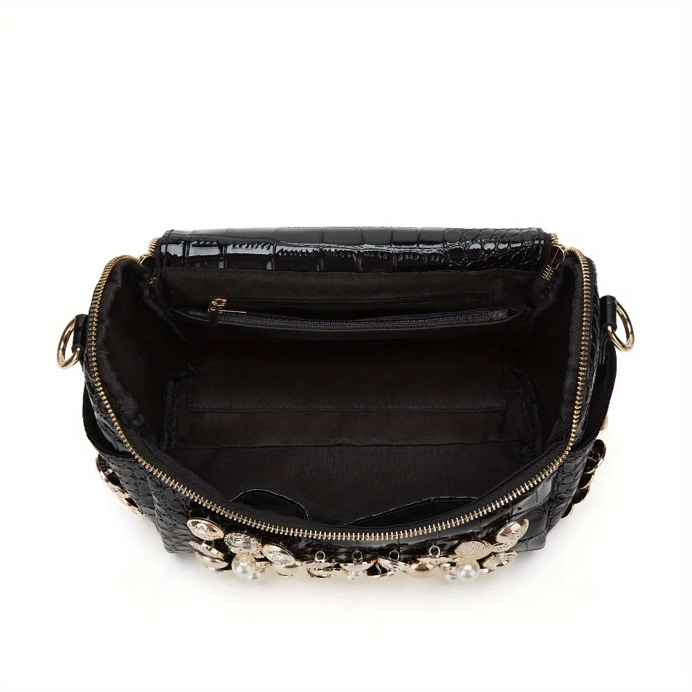 Elegant rhinestone evening handbag, PU leather, polyester lining, zipper closure, detachable strap