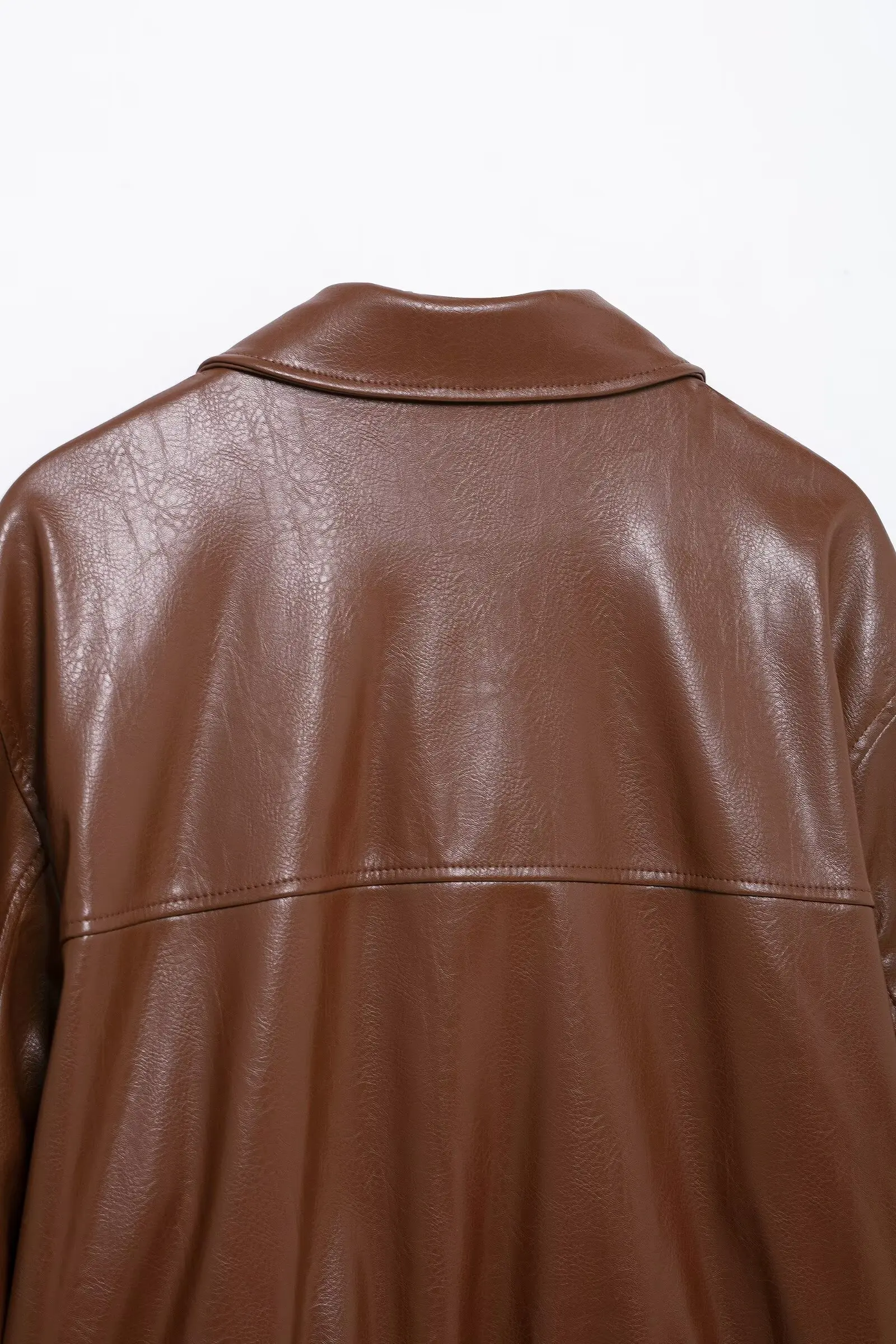 Fashionable 2025 Taop&Za Women's Leather Jacket in Brown featuring a Stylish Collar Zipper Closure and Handy Pockets