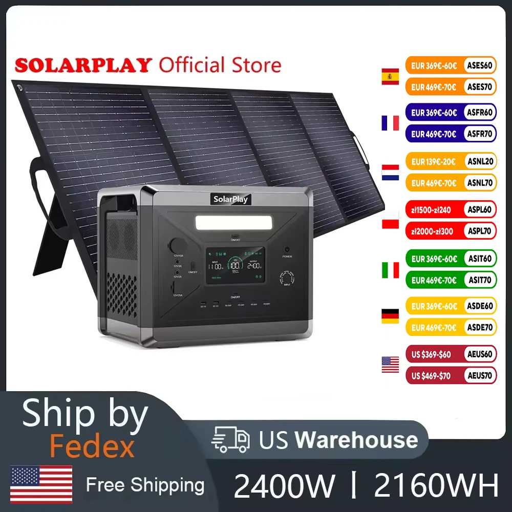 SOLARPLAY  2400W Power Station 2160Wh Portable Lifepo4 Battery 675000mAh UPS Energy Storage Supply With 200W Solar panel ForHome