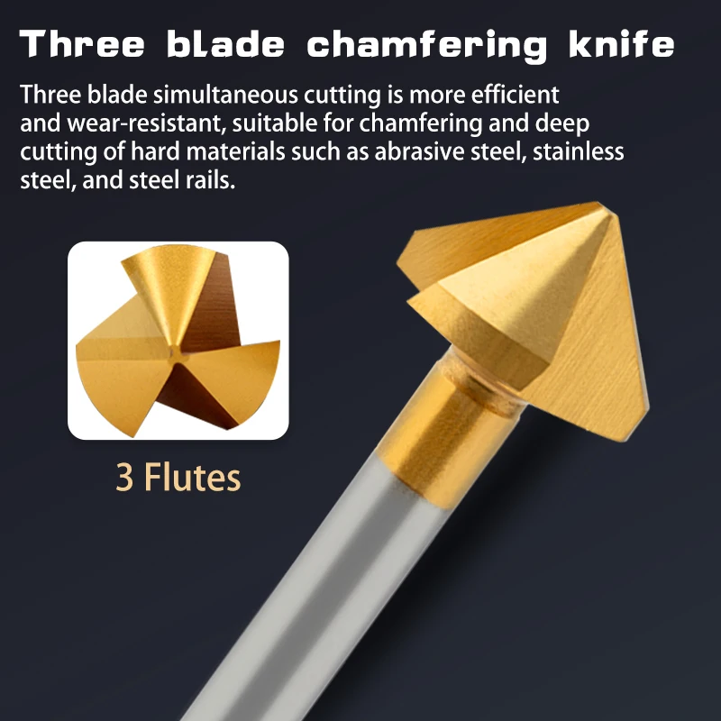 HSS With Cobalt Chamfering Knife Titanium-plated 90 Degrees Single-edged Three-flute Countersink Hole Deburring Trimmer Chamfer