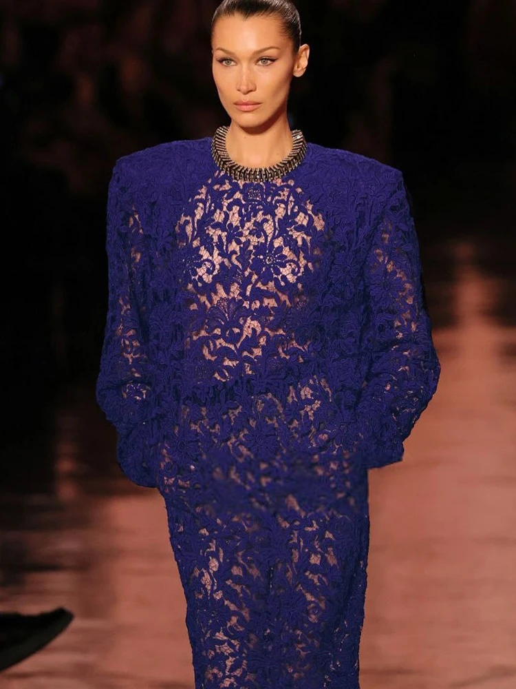 Elegant Purple Sheer Lace Midi Dress with Oversized Shoulders Vintage Floral Pattern Long Sleeve Cocktail Party Dress for Women