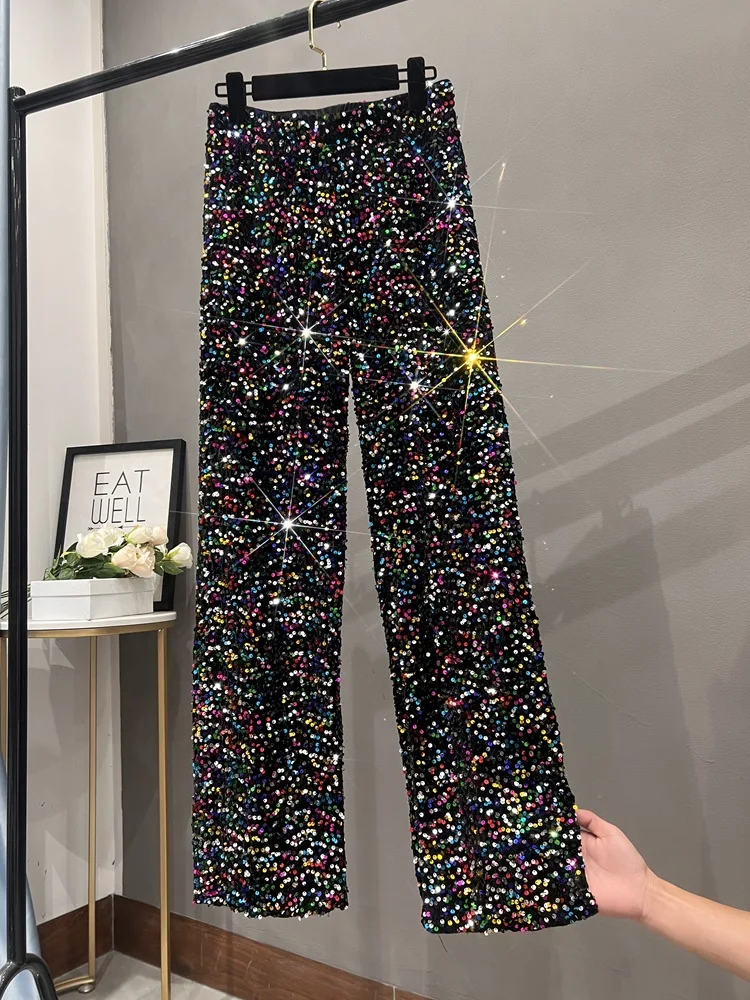 

2023 autumn and winter new suede sequin high-waisted straight pants lean and tall pants women's wide-leg pants