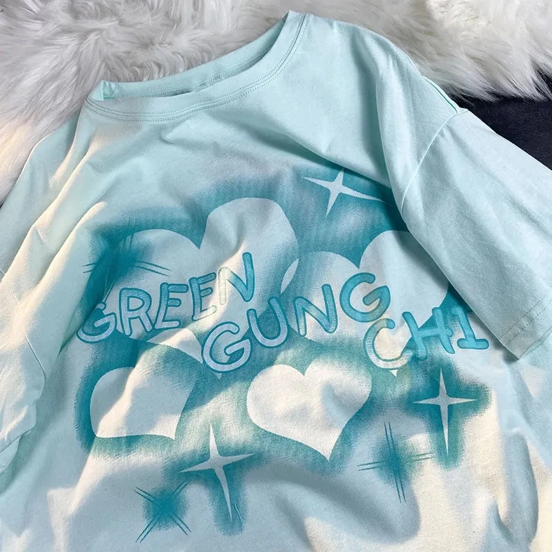 المرأة التي شيرت الحب إلكتروني الطباعة الحلو ولطيف بلوزة فضفاضة عادية تي شيرت قصير بارك الشرير قطعة علوية Y2K المرأة Harajuku س الرقبة