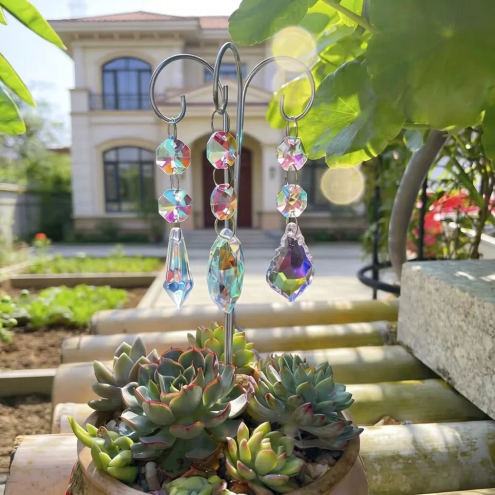 Colorful Crystal Prisms Suncatchers Reflective Metal Stake with Hook Rainbow Maker Handmade Exquisite Hanging Wind Chime Bonsai