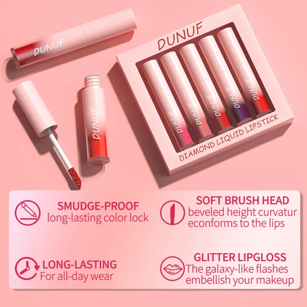 DUNUF nuevo 5 unids/set diamante lápiz labial metálico brillo de labios maquillaje hidratante nutritivo taza antiadherente brillo labial brillo de labios