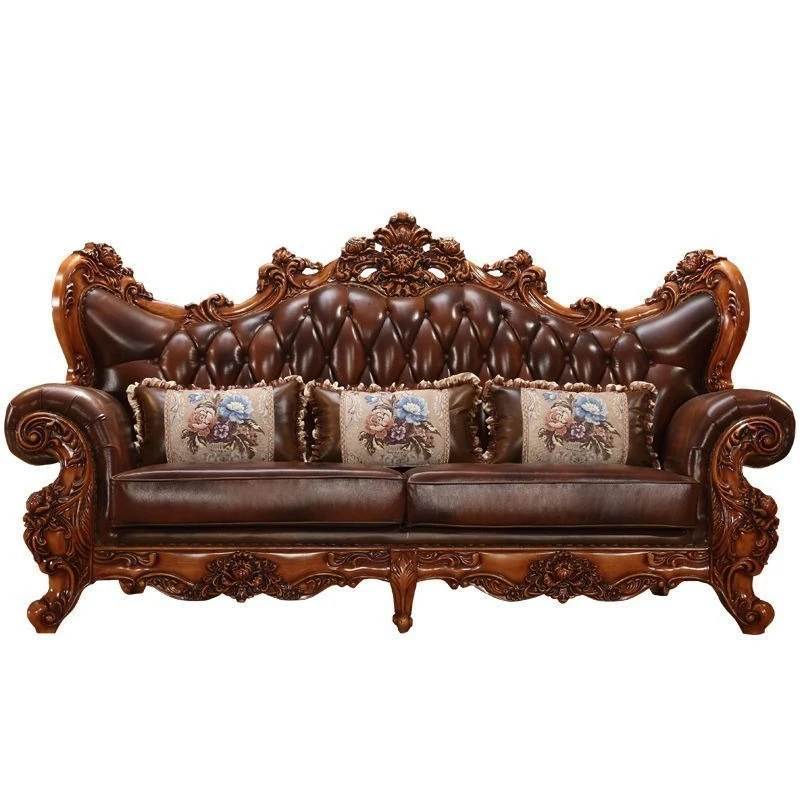 

Leather sofa combination villa living room large apartment solid wood carving flower leather sofa