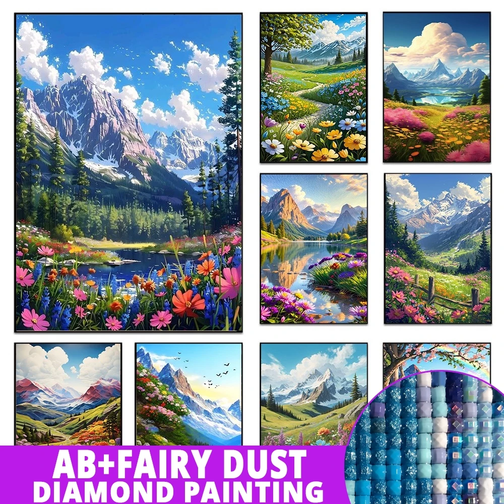 Fairy Dust AB Natural Scenery 5D Diamond Painting Kits   Mountain And Flowers Landscape DIY Drills Mosaic Embroidery Cross