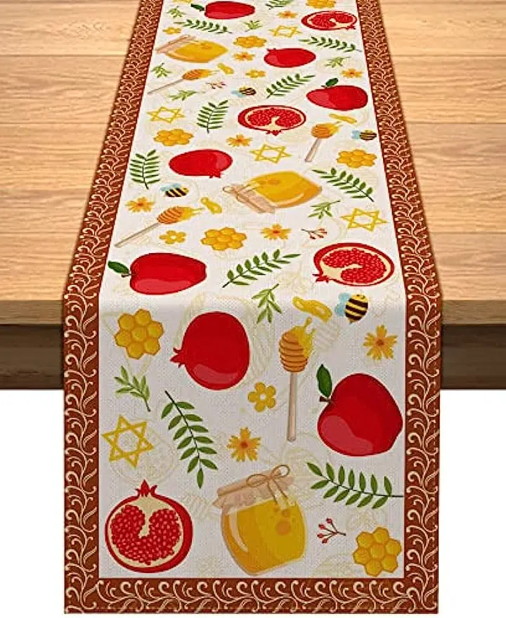 Shana Tova Jüdischer Feiertags-Tischläufer aus Leinen, Tischdekoration, wiederverwendbar, für Rosh Hashanah, Küche, Esstisch, Feiertagsparty-Dekoration – Detail 2