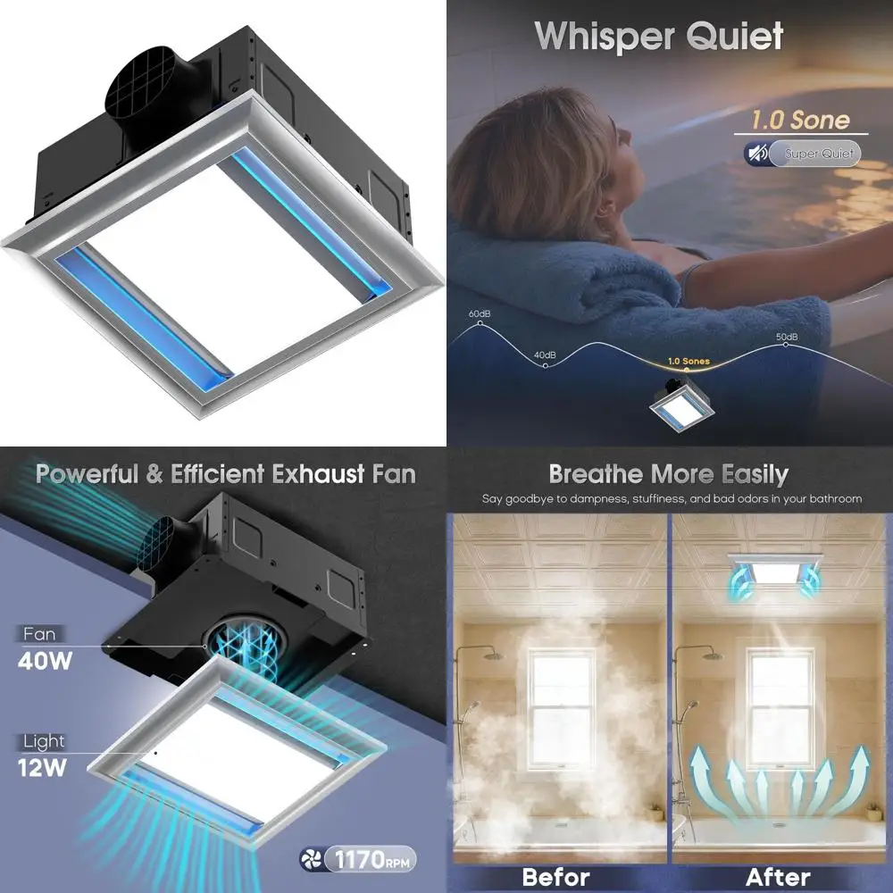 

12 Inch Quiet Bathroom Exhaust Fan with Light, 1.0 Sone, 160 CFM, 10x10 Mount, 1500 Lumens Ceiling Ventilation with Blue Night L