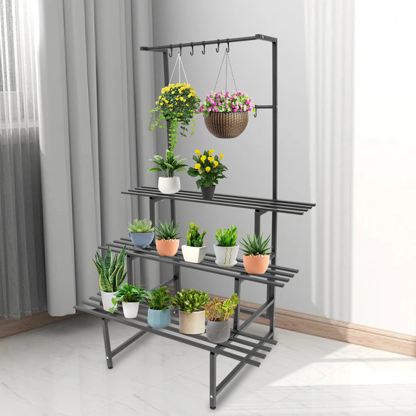 

100*62*154 3-уровневый черный прямоугольный ‎ Крытый и открытый держатель для растений. Подставка для растений из углеродистой стали с регулируемыми подушечками для ног.