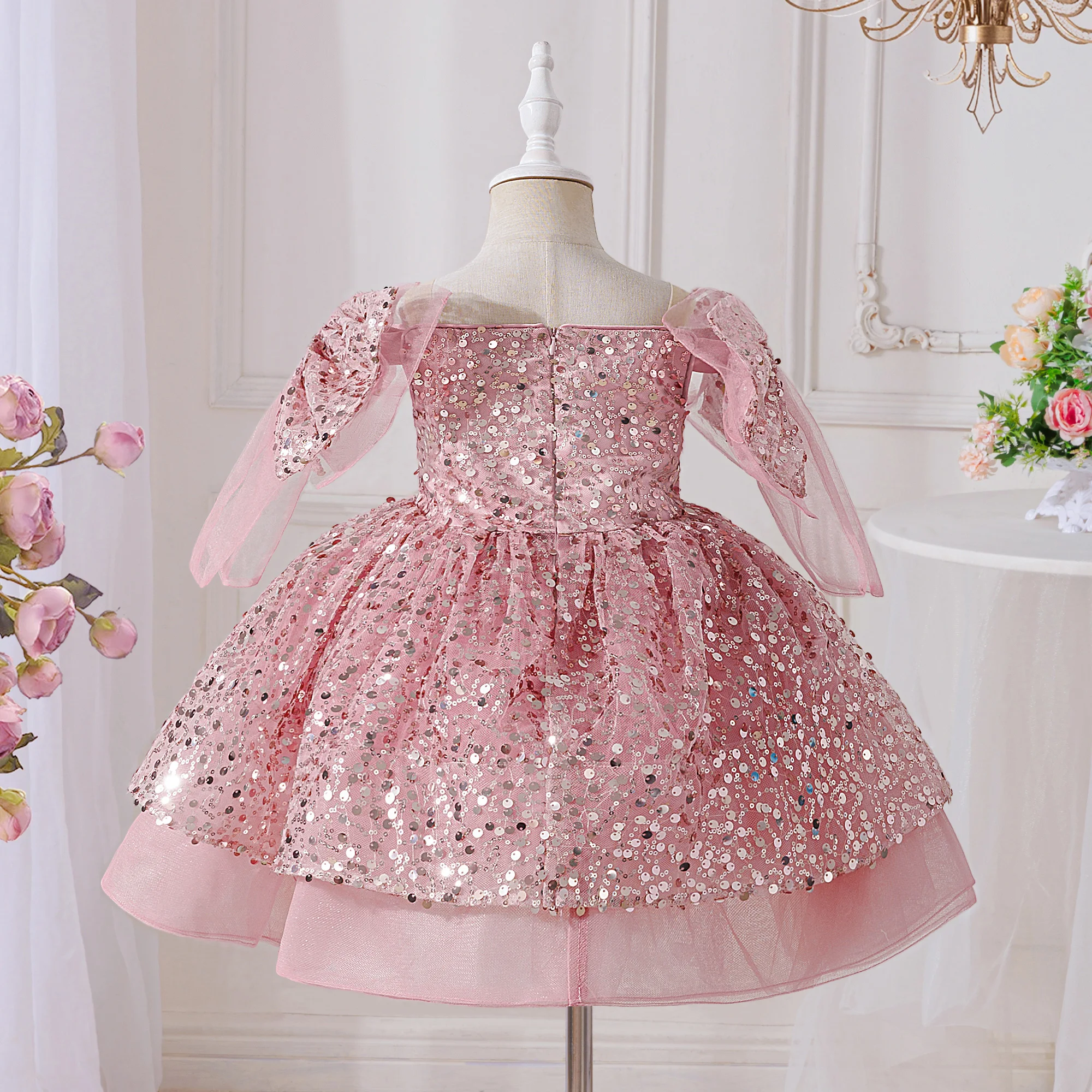 Fashion Sequins Bow Party Girls Dress Elegant Tulle Wedding Bridesmaids Princess Prom Dresses for Girl Birthday Evening Costumes