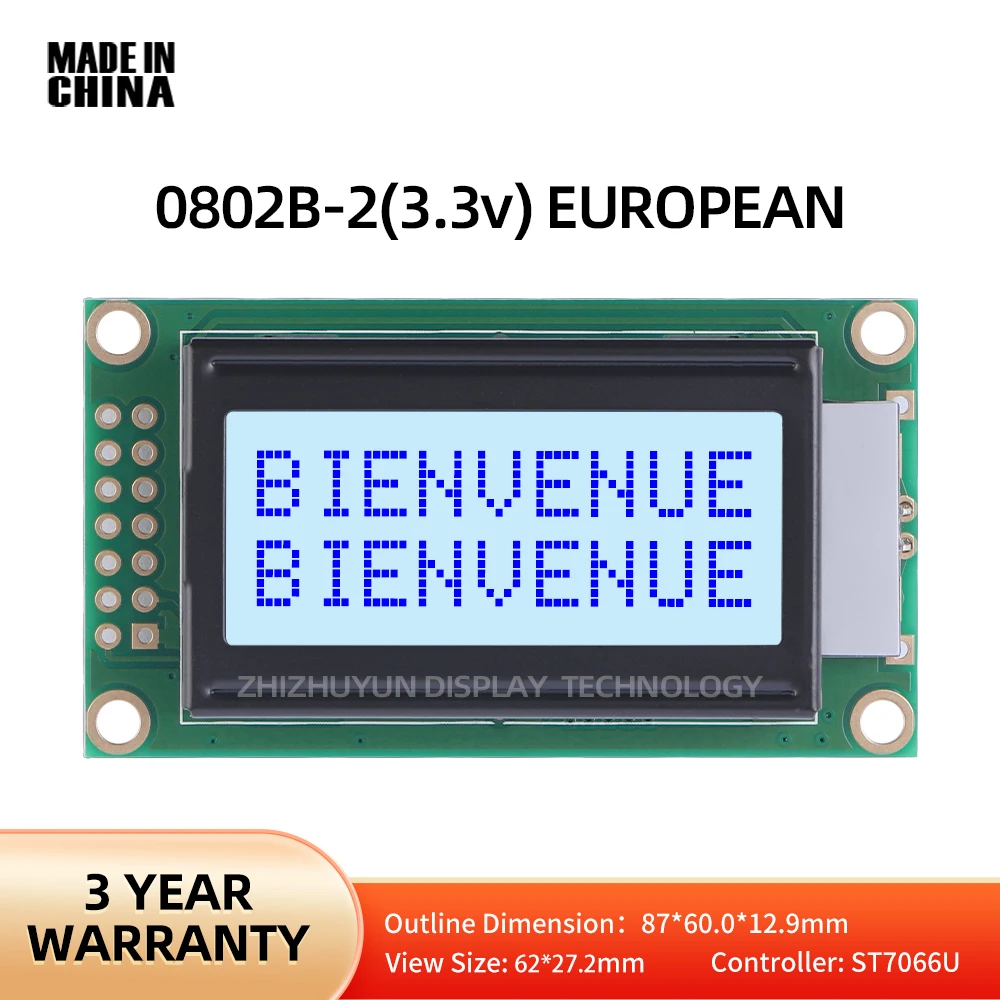 Pantalla de matriz de puntos de personaje europeo, LCD0802B-2, 3,3 V, película gris, fuente azul, 87x60mm, módulo multilingüe