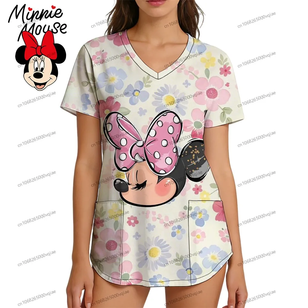 

2026 New Disney Minnie Mouse Pocket Women's V Neck Nurse Uniform T-Shirt Woman Clothing Street Wear Tops S-2XL Kawaii Summer Y2k