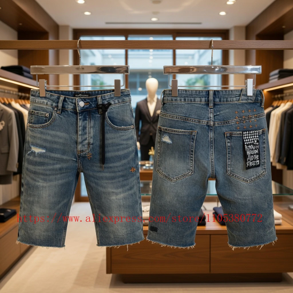 

2026 Hot New Men's Blue Acid Washed Denim Shorts Distressed Ripped Embroidered Slim Fit Casual Shorts Streetwear Bottoms