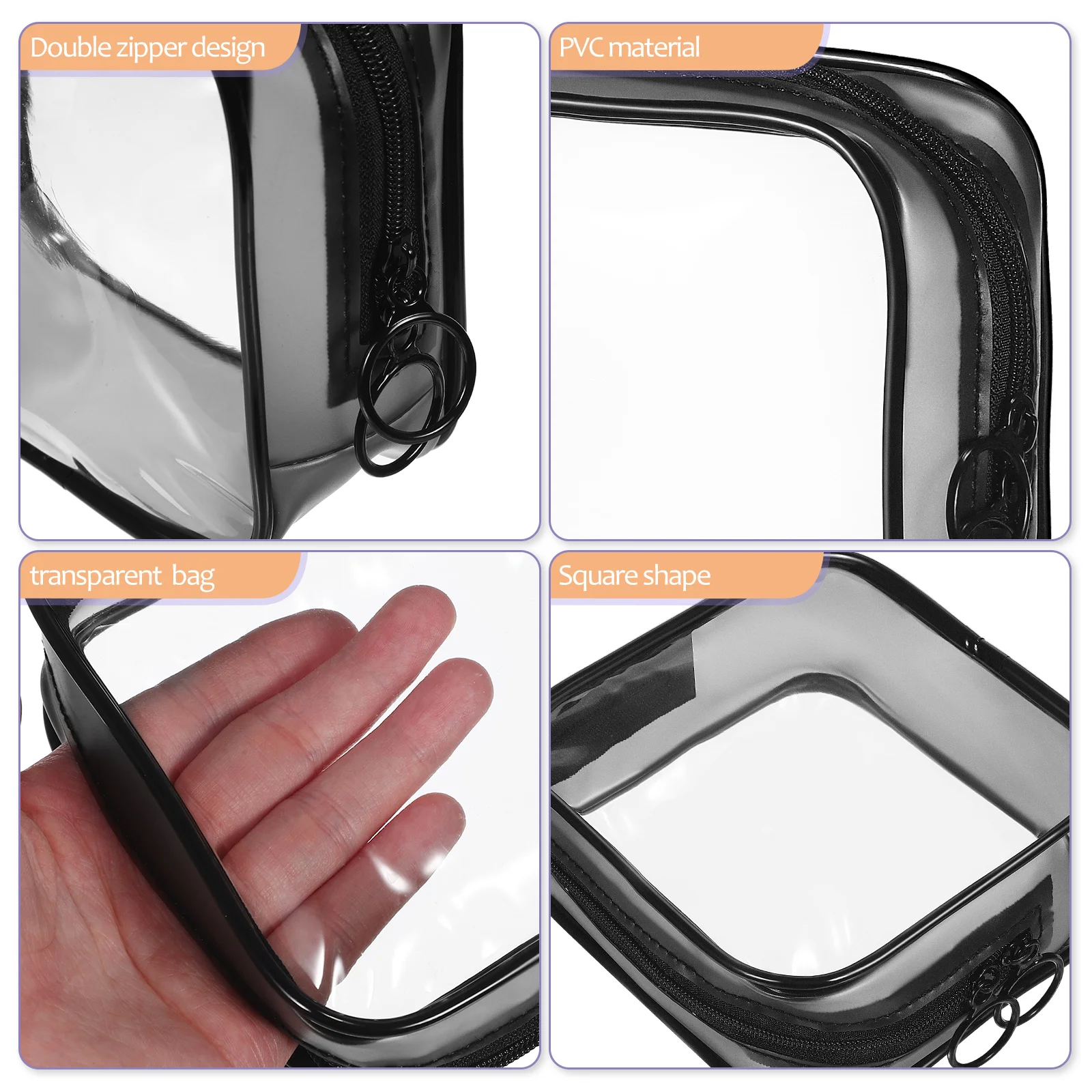 Travel Toiletry Bag PVC Transparent Square Storage 4 Small Double Sliders (2 Each Black and White) Clear Pouch Zipper