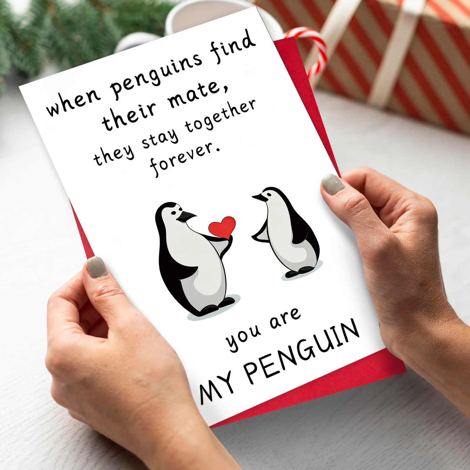 1 Cartoon-Pinguin-Illustration, romantisches, süßes Liebesgeständnis, Karte, Jubiläumsgrußkarte, Umschlag-Set