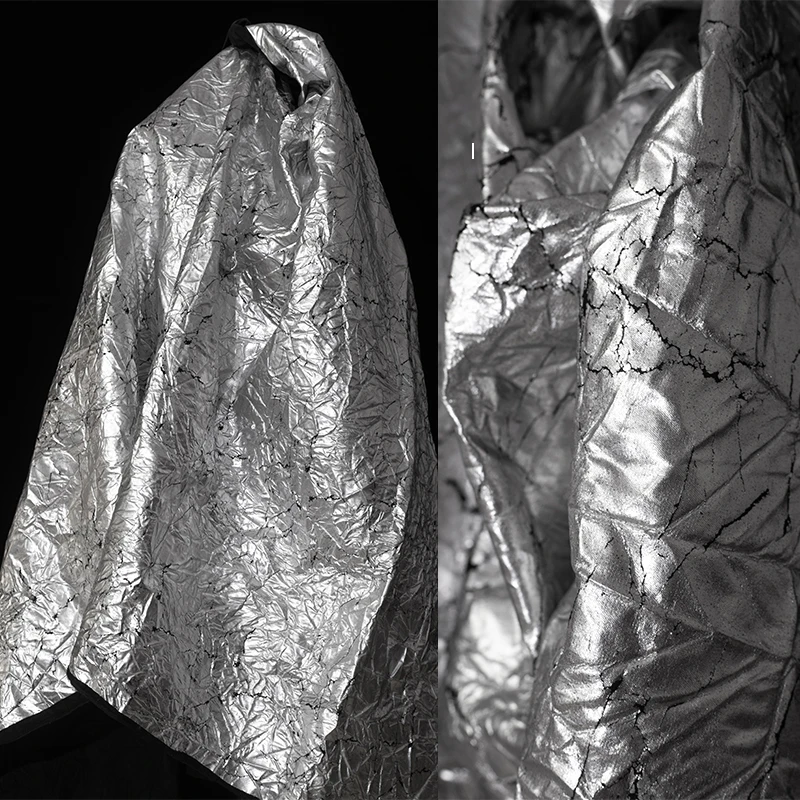 Silver Black Coating Crumpled Wrinkled Cracked Rock Patterned Vintage Texture Wide and Thick Fabric for Clothing Creation