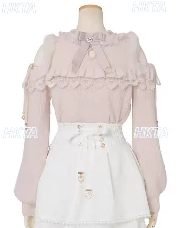 

Japanese Style New Sweet Pink Liz Sweater for Women Cute Lolita Girls Lace Patchwork Furry Off-Shoulder Long Sleeve Sweaters