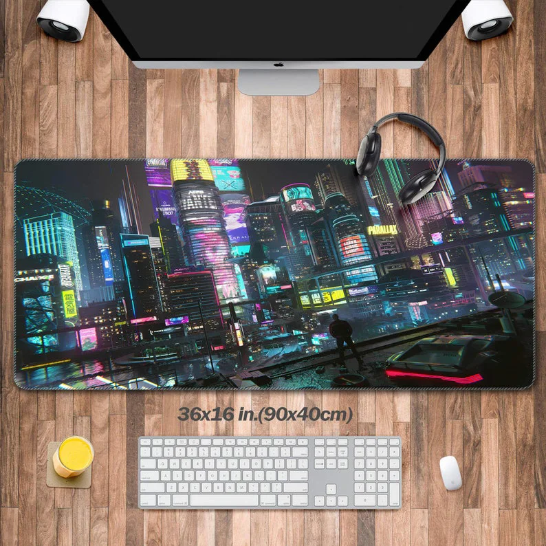 

Night Desk Mat, Retrowave Vaporwave Synthwave Design Ideal for Cool Gaming Desk Decoration and Laptop Mat with Extended Keyboard