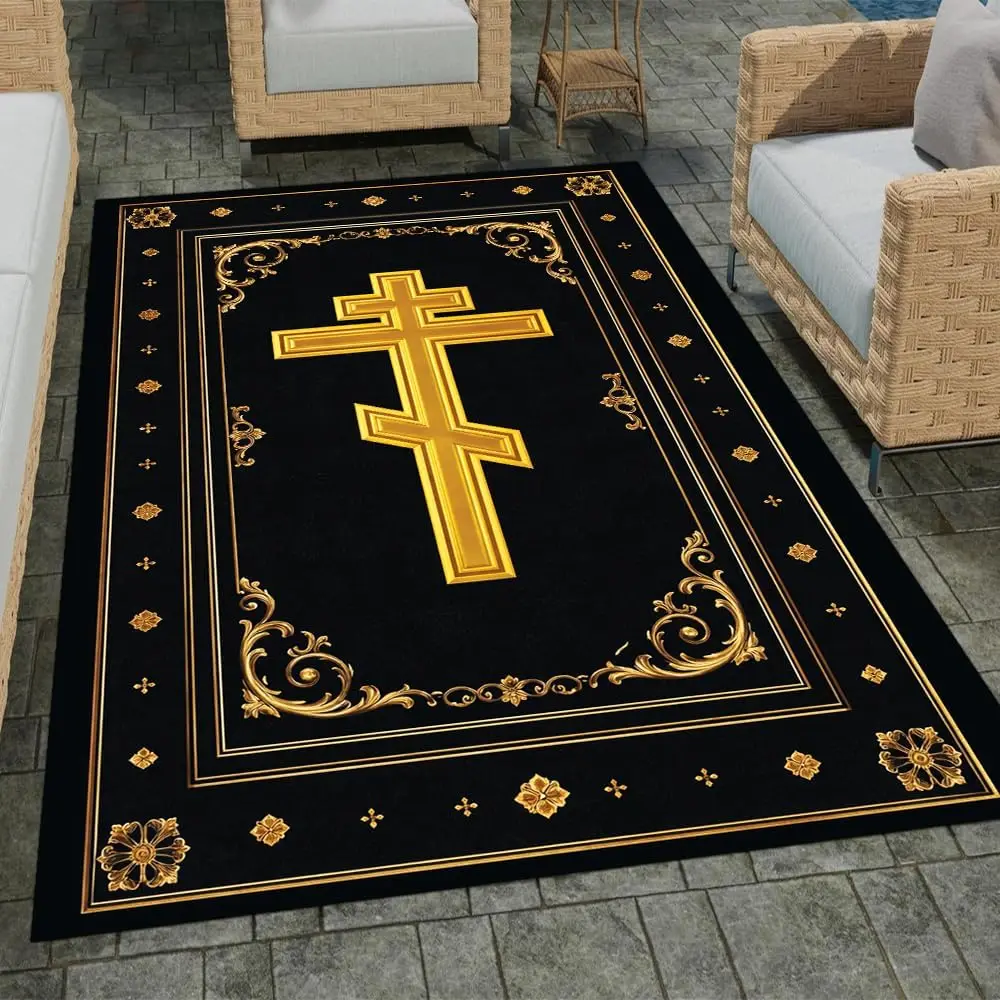 Orthodox Christian Cross Rug Retro Gold Embossed Design Religious Prayer Room Living Room Faith Mat Idea Ornament for Christians