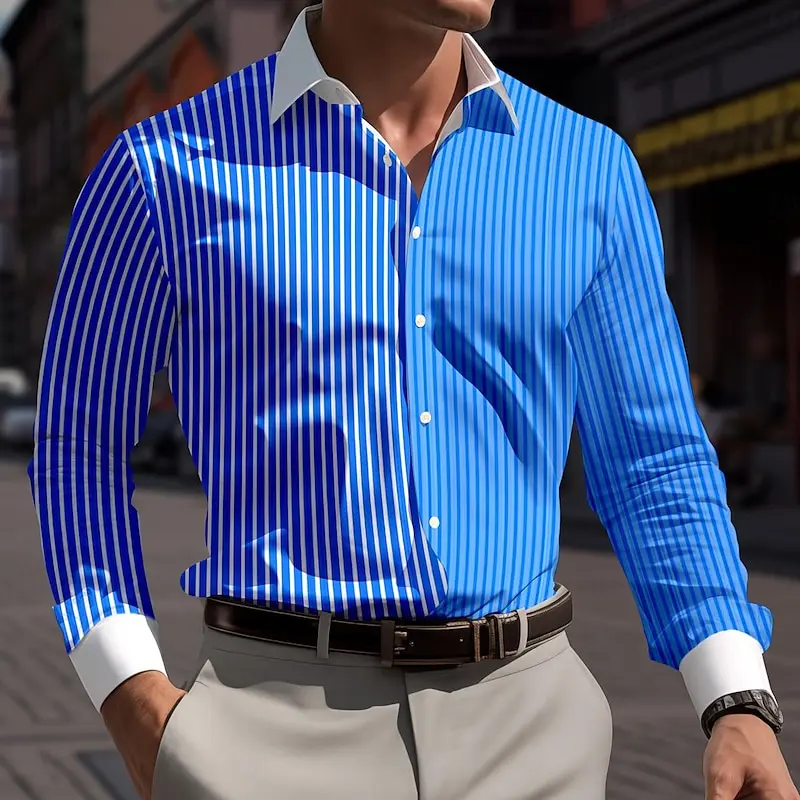 Striped men\'s business casual comfortable shirt for daily work wear spring and summer long-sleeved tops with fashionable button