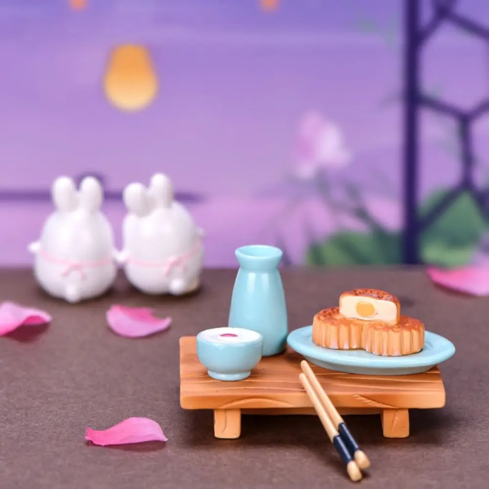 Decorative Mini Rabbit Mooncake Figurines Cartoon Cute Mid-autumn Rabbit Figurines Resin Moon Cakes Ornament Micro Landscape - Detail 1