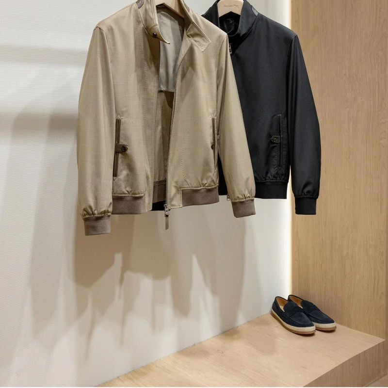 Fine spun wool blended high-quality spring and autumn men's casual stand up collar jacket