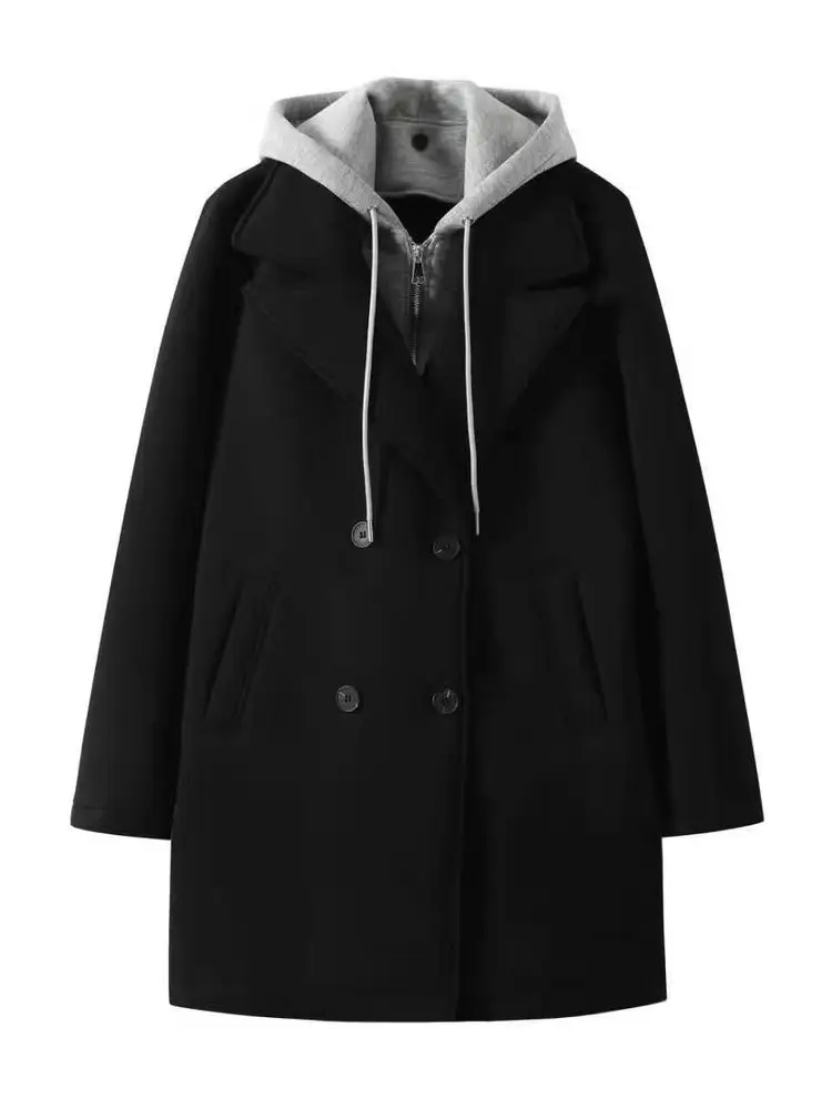 

Новинка 2025, осеннее повседневное длинное пальто све с капюшоном, женское свободное пальто из полиэфирного волокна с двойной пуговицей, однотонное пальто