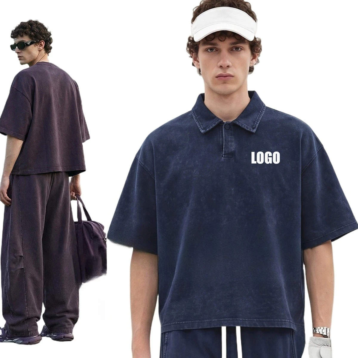 Custom LOGO men's American retro washed polo lapel 280G short-sleeved scimitar straight 320G trousers leisure two-piece set