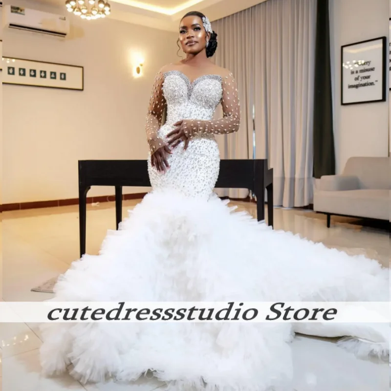 

Luxury Mermaid Wedding Dresses With Illusion Sleeves African Tiered Ruffles Bridal Gowns African Vestidos De Novia Customized