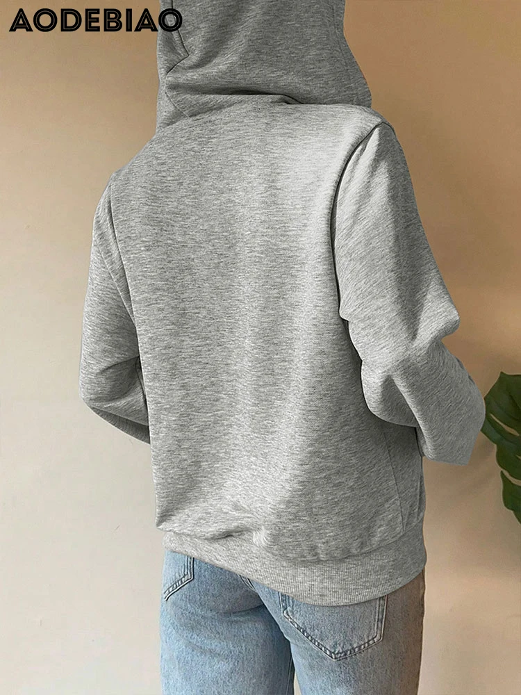 AODEBIAO Grey Hooded Hoodie Women Sports Autumn Long Sleeves Fashion Zippers Coat Top Casual Solid Basic Hoodie Women Streetwear