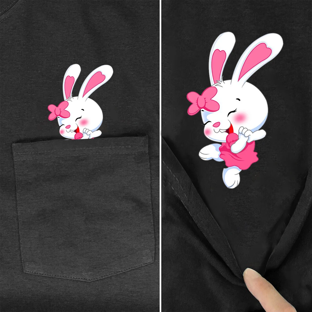 CLOOCL Cute Rabbit Women's T-shirts Black Pure Cotton Bunny Pocket Tees Funny Tees Summer Hip Hop Tops Graphic T Shirts