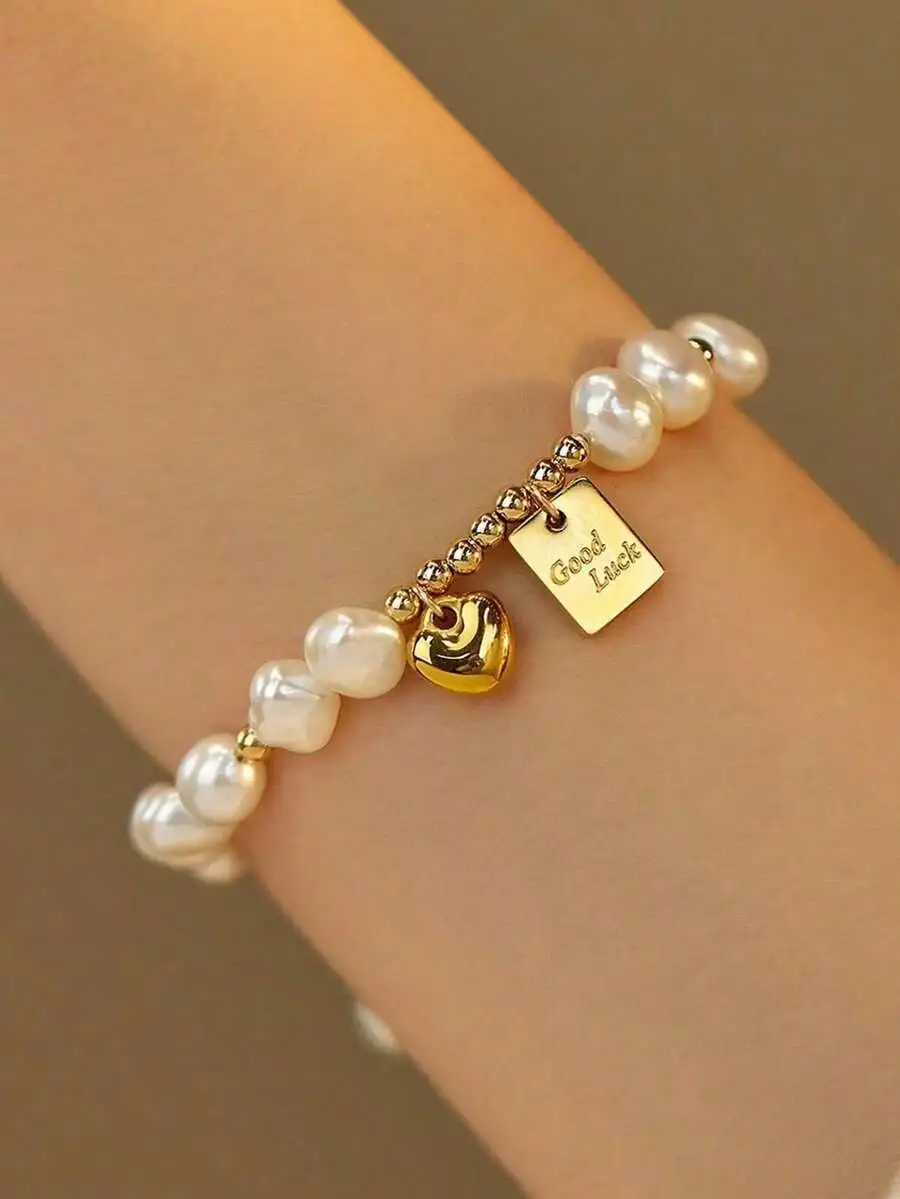 

1 Pc Unique Design Lucky Heart Baroque Pearl Women Bracelet, High-End Jewelry Accessory