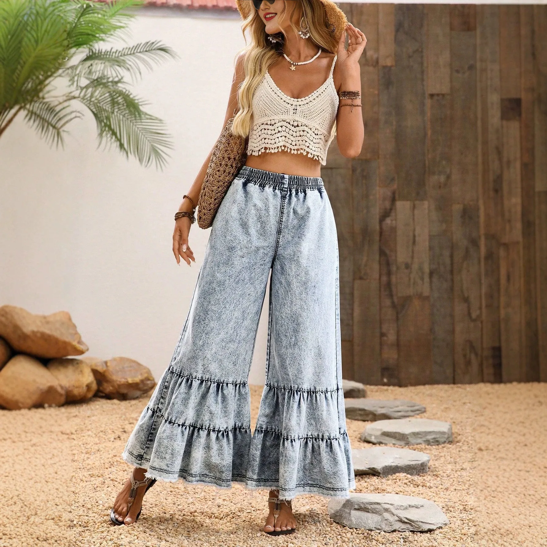 Women Pant Vintage Washed Denim Wide Leg Long Pants Elastic Waist Ruffles Flare Jeans Casual Loose Trousers Holiday Autumn 2026