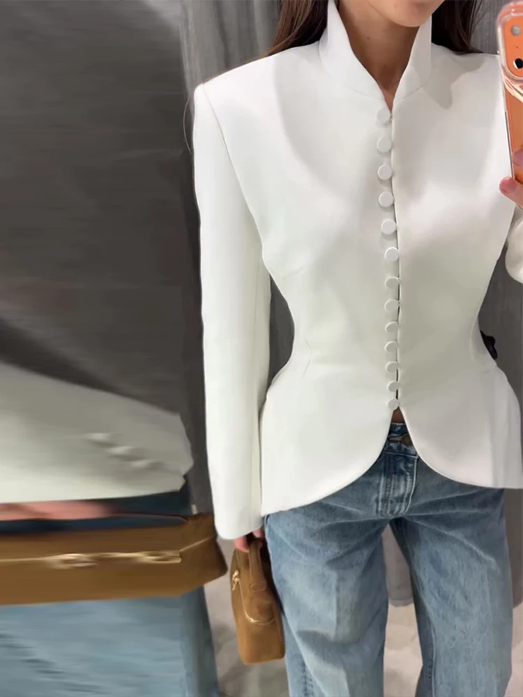 Einreihiger Taillierter Meerjungfrauen-Anzug Blazer für Damen Eleganter V-Ausschnitt Langarm Einfarbiger Schlanker Mantel Modische Damen-Oberbekleidung Neu – Detail 6