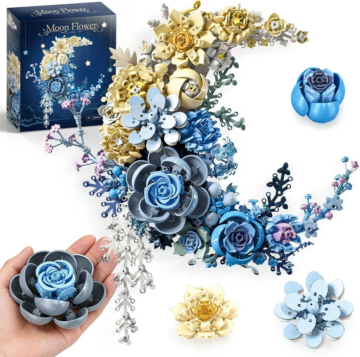 Party Favors Blue Moon Flower Building Blocks Set, Botanical Collection Artificial Flowers Building Blocks Kit Compatible with Lego for Adults Home Décor Wall Art Decoration