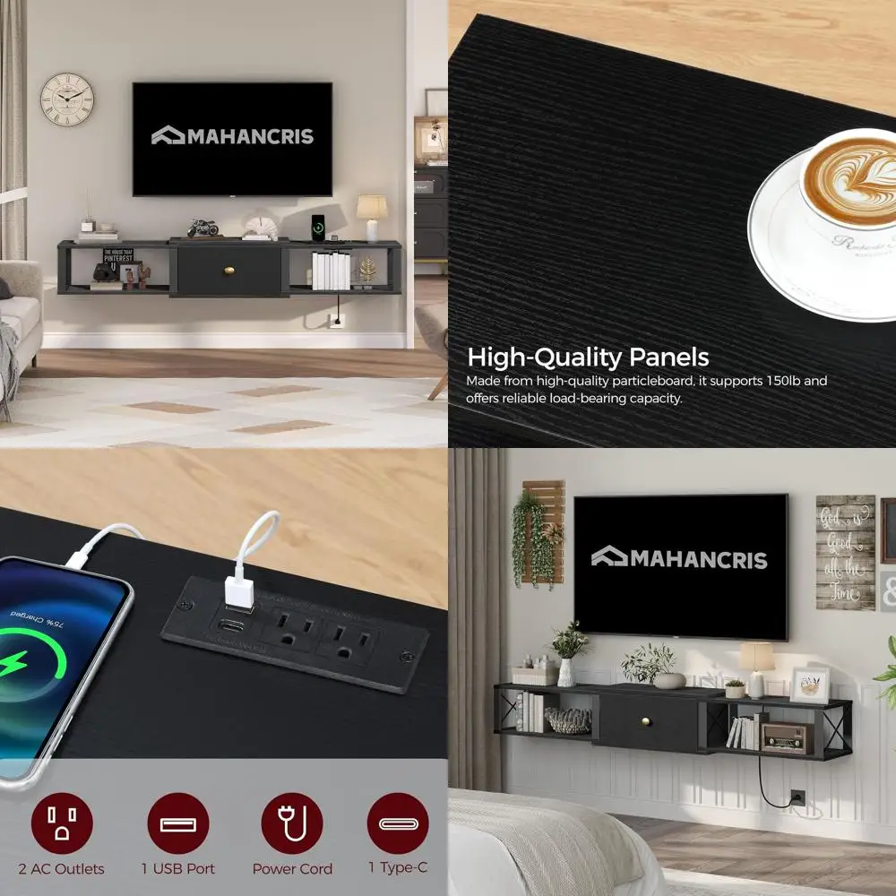 

63 Wall-Mounted Floating TV Stand with Drawer, Entertainment Center Shelf, Under-TV Storage for Living Room or Bedroom, Black